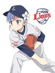  aqua_hair baseball_cap baseball_mitt baseball_uniform fin_e_ld_si_laffinty flower fudama hat nippon_professional_baseball pitching purple_eyes rinne_no_lagrange saitama_seibu_lions solo sportswear 