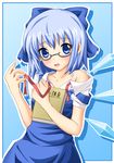  bare_shoulders bespectacled blue_dress blue_eyes blue_hair book bow bra_strap cirno dress dress_shirt glasses hair_bow highres neats off_shoulder pinafore_dress shirt solo touhou wings 