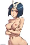  1girl angry arrancar bleach blue_eyes blue_hair bob_cut bottomless breasts censored crossed_arms emilou_apacci frown heterochromia horn navel nipples nude out-of-frame_censoring parted_lips red_eyes short_hair skull solo speh 