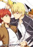  bad_id bad_pixiv_id black_jacket blonde_hair chain ea_(fate/stay_night) emiya_shirou enkidu_(weapon) fate/stay_night fate_(series) gilgamesh homurahara_academy_uniform jacket kanshou_&amp;_bakuya male_focus meltdown0802 multiple_boys orange_hair red_eyes school_uniform sword weapon white_background yellow_eyes 