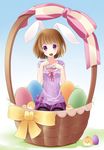  :3 animal_ears bad_deviantart_id bad_id bangs basket bird black_legwear blouse bow brown_hair bunny_ears chick cookie easter easter_egg egg food hitsukuya in_basket in_container mouth_hold original oversized_object pantyhose paw_pose purple_blouse purple_eyes purple_skirt ribbon seiza short_hair short_sleeves sitting skirt solo 