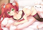  :3 black_legwear blush breasts bunny_hair_ornament cleavage green_eyes hair_ornament highres large_breasts long_hair looking_at_viewer off_shoulder open_mouth original panties pillow red_hair solo stuffed_animal stuffed_bunny stuffed_toy thighhighs twintails underwear usagihime white_panties 