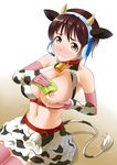  animal_ears animal_print bare_shoulders bell bell_collar blush breasts collar cow_bell cow_ears cow_horns cow_print cow_tail elbow_gloves embarrassed gloves headset highres horns idolmaster idolmaster_cinderella_girls lactation large_breasts midriff navel nipples oikawa_shizuku pink_legwear shirihime sitting solo tail thighhighs towel wavy_mouth 
