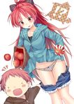  &gt;_&lt; 1boy 1girl :d apple assisted_exposure bag blush blush_stickers bow casual closed_eyes crushing cutoffs denim denim_shorts embarrassed fang food fruit hair_bow highres hood hoodie kaname_tatsuya long_hair mahou_shoujo_madoka_magica ogadenmon open_mouth panties paper_bag plaid plaid_panties ponytail pulled_by_another red_hair sakura_kyouko shorts shorts_pull smile underwear wide_ponytail zipper 