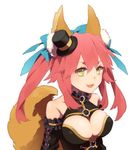  :3 animal_ears bare_shoulders bow breasts cleavage cleavage_cutout detached_sleeves detteyu fang fate/extra fate/extra_ccc fate_(series) fox_ears fox_tail hair_bow hair_ribbon hat highres long_hair medium_breasts mini_hat mini_top_hat pink_hair ribbon simple_background solo tail tamamo_(fate)_(all) tamamo_no_mae_(fate) top_hat twintails white_background yellow_eyes 