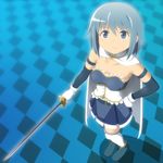  bare_shoulders blue_background blue_eyes blue_hair cape checkered from_above gloves hiraizumi_(mugenkidousha) looking_up lossy-lossless mahou_shoujo_madoka_magica miki_sayaka short_hair smile solo soul_gem sword thighhighs weapon zettai_ryouiki 