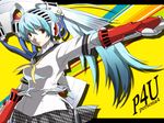  android aqua_hair axe citolo houndstooth labrys long_hair persona persona_4:_the_ultimate_in_mayonaka_arena ponytail red_eyes skirt solo weapon 