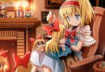  alice_margatroid blonde_hair blue_eyes bottle bow bowtie braid broom candle capelet chair character_doll doll fireplace givuchoko hair_bow hairband hat hat_bow holding_needle kirisame_marisa long_hair needle photo_(object) pincushion pins sewing shanghai_doll short_hair single_braid sitting smile solo spool touhou witch_hat wrist_cuffs yarn yarn_ball 