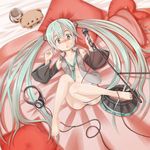  bad_id bad_pixiv_id barefoot blush detached_sleeves feet green_eyes green_hair hatsune_miku headphones kirishima_naruse long_hair lying microphone microphone_stand necktie no_bra no_pants on_back open_clothes open_shirt panties shirt skirt solo striped striped_panties twintails underwear very_long_hair vocaloid 