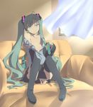  boots couch curtains detached_sleeves digi-ai green_eyes green_hair hatsune_miku headset highres long_hair nail_polish necktie off_shoulder open_clothes open_shirt shirt sitting skirt smile solo thigh_boots thighhighs twintails undressing very_long_hair vocaloid window 