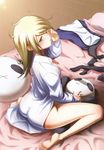  absurdres artist_request ass bed blazblue blonde_hair dress_shirt flat_chest green_eyes highres messy_hair naked_shirt no_bra no_panties noel_vermillion official_art panda sexually_suggestive shirt solo straddling waking_up 
