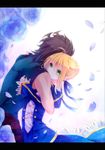  1girl ahoge ajuvyrvosjfj artoria_pendragon_(all) bad_id bad_pixiv_id blonde_hair brown_hair couple fate/zero fate_(series) green_eyes hair_ribbon hetero hug lancer_(fate/zero) long_sleeves petals puffy_sleeves ribbon saber short_hair 