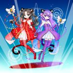  :3 animal_ears black_hair blue_eyes boots cat_ears cat_tail elbow_gloves fate/hollow_ataraxia fate_(series) gloves hatomilkyt highres kaleido_ruby kaleidostick long_hair magical_girl matou_sakura multiple_girls purple_eyes purple_hair siblings sisters tail thigh_boots thighhighs toosaka_rin two_side_up wand 