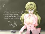  7ban areola_slip areolae arm_up bad_id bad_pixiv_id blue_eyes breasts chalkboard cleavage covered_nipples doodle english engrish glasses green_hair hairband large_breasts long_hair mars_symbol open_clothes open_mouth open_shirt original ranguage shirt smile solo teacher venus_symbol 