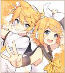  1boy 1girl anniversary aqua_eyes arm_tattoo armpits back-to-back bare_shoulders bass_clef blonde_hair blush bow brother_and_sister crossed_arms detached_sleeves eyebrows_visible_through_hair flat_chest foreshortening fortissimo grin hair_bow hair_ornament hairclip happy_birthday headphones headset kagamine_len kagamine_len_(vocaloid4) kagamine_rin kagamine_rin_(vocaloid4) nail_polish necktie ok_sign sailor_collar shirt short_hair siblings sleeveless sleeveless_shirt smile tareme tattoo treble_clef tsurime twins v4x vocaloid yellow_nails zazuzu 