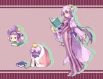  blush_stickers book capelet chibi crescent dress evolution floating futon gen_5_pokemon hair_ribbon hat leavanny long_hair multiple_girls multiple_persona open_book parody patchouli_knowledge pokemon pokemon_(creature) purple_eyes purple_hair ribbon sewaddle striped striped_dress sue_(bg-bros) swadloon touhou wide_sleeves wrapped_up 