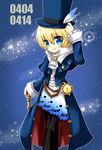  belt blonde_hair blue_background blue_eyes coat company_connection cosplay cravat flynn_scifo frederic_chopin frederic_chopin_(cosplay) hat male_focus mojakko namco pants smile solo sparkle tales_of_(series) tales_of_vesperia top_hat trusty_bell 