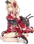  1girl alternate_costume blonde_hair blue_eyes braid corset crane floral_print flower full_body japanese_clothes kantai_collection kimono konishi_(koconatu) machinery official_art ponytail red_flower red_rose rose sandals torn_clothes transparent_background warspite_(kantai_collection) wide_sleeves 