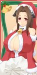  1girl bag bell breasts brown_hair cow_girl hat holly horns huge_breasts red_eyes santa_costume santa_hat 