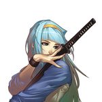  blue_eyes blue_hair eyelashes hairband jacket katana long_hair official_art profile sheath sheathed shimo_(yatagarasu) sleeves_pushed_up sleeves_rolled_up solo sword tomoyuki_kotani track_jacket transparent_background weapon wristband yatagarasu_(game) 