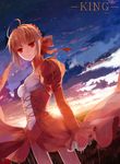  bad_id bad_pixiv_id bare_legs blonde_hair breasts dress epaulettes fate/extra fate_(series) field hair_ribbon medium_breasts nero_claudius_(fate) nero_claudius_(fate)_(all) red_eyes ribbon solo sunset t0rped0 toggles 