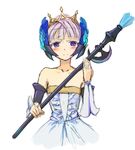  bare_shoulders blue_eyes blush crown drawfag dress elbow_gloves gloves gown gwendolyn hair_ornament no_choker non-web_source odin_sphere short_hair silver_hair solo staff strapless strapless_dress weapon white_dress 