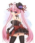  1girl black_legwear blush breasts detached_sleeves frown hat heart inuue_kiyu lolita_fashion long_hair looking_back open_mouth original pink_hair purple_eyes ribbon solo symbol-shaped_pupils thighhighs twintails very_long_hair wrist_cuffs 