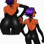  alternate_hairstyle ass back bare_back bare_shoulders bent_over bleach bodysuit breasts cameltoe colored dark_skin detached_sleeves hand_on_ass looking_back mosha purple_hair shihouin_yoruichi short_hair sideboob sketch skin_tight smile yellow_eyes younger 