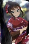  &gt;:) 1girl bangs black_hair blurry blurry_background calligraphy calligraphy_brush floral_print flower green_eyes hair_bun hair_flower hair_ornament hair_up holding icehotmilktea japanese_clothes kanzashi kimono kurosawa_dia light_blush looking_at_viewer love_live! love_live!_sunshine!! mole mole_under_mouth obi paintbrush pink_flower red_flower red_kimono sash sidelocks smile solo tassel upper_body v-shaped_eyebrows 