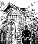  ahiru_pyaan arch comic fate/zero fate_(series) from_behind greyscale kotomine_kirei male_focus monochrome nature scenery silent_comic solo tree 