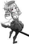  bad_id bad_pixiv_id bags_under_eyes beret boots cup drill_hair fingerless_gloves foreshortening from_above full_body gloves greyscale gun hair_ornament hairpin hat highres ladic looking_up magical_musket mahou_shoujo_madoka_magica monochrome puffy_sleeves red_eyes ribbon rifle solo spot_color striped striped_legwear teacup thighhighs tomoe_mami twin_drills twintails vertical-striped_legwear vertical_stripes weapon white_background 