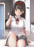  1girl 2019 arm_support bangs bed black_hair blush breasts buttons closed_mouth collared_shirt commentary_request curtains dated dress_shirt eyebrows_visible_through_hair glasses green_eyes grey_skirt hairband hand_up happy_new_year head_tilt hospital_bed indoors infirmary knee_up kozue_akari large_breasts long_hair looking_at_viewer miniskirt neck_ribbon new_year original pleated_skirt red_neckwear ribbon rimless_eyewear round_eyewear school_uniform shirt short_sleeves sidelocks signature sitting skirt smile solo thighs white_shirt 