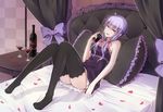  alcohol bad_id bad_pixiv_id bare_shoulders bed bottle glass long_hair looking_at_viewer open_mouth petals purple_eyes purple_hair sitting smile solo thighhighs twintails vocaloid voiceroid wine yuzuki_yukari zeroshiki_kouichi zettai_ryouiki 