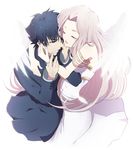  1girl black_eyes black_hair closed_eyes couple dress emiya_kiritsugu fate/zero fate_(series) hetero hug husband_and_wife irisviel_von_einzbern long_hair white_hair wings yukihime_(mofumofu2225) 