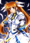  blue_eyes brown_hair diesel-turbo feathers gloves long_hair lyrical_nanoha magical_girl mahou_shoujo_lyrical_nanoha_strikers older raising_heart ribbon solo takamachi_nanoha twintails 