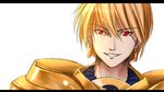  armor blonde_hair chien_zero earrings fate/stay_night fate_(series) gilgamesh grin hair_down jewelry letterboxed male_focus pauldrons red_eyes simple_background smile solo white_background 