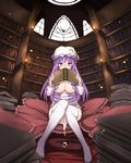  after_sex blush book bookshelf bow breasts covering_mouth crescent cum cum_in_pussy cumdrip frilled_pillow frills hair_bow hair_censor hair_over_breasts hat highres large_breasts library long_hair looking_at_viewer md5_mismatch patchouli_knowledge pillow purple_eyes purple_hair room sitting solo thighhighs touhou voile white_legwear zaxwu 