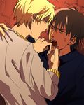  anger_vein azuazuazu19 blonde_hair bracelet brown_eyes brown_hair collar_grab face_stretching fate/zero fate_(series) gilgamesh jewelry kotomine_kirei male_focus multiple_boys necklace red_eyes saliva 