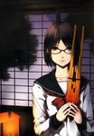  absurdres black_eyes black_hair collarbone glasses hair_ornament hairclip highres holding instrument lips looking_at_viewer neckerchief ooji original scan school_uniform serafuku short_hair shou_(instrument) solo upper_body 