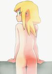  arm_support ass back bad_id bad_pixiv_id bangs blonde_hair blush dimples_of_venus flat_ass from_behind frown green_eyes kikuno_haru looking_at_viewer looking_back nude rockman rockman_dash roll_caskett short_hair simple_background solo standing thigh_gap wall white_background 