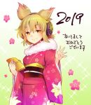  1girl 2019 alternate_costume bangs black_sash blonde_hair breasts cowboy_shot earmuffs eyebrows_visible_through_hair floral_print flower fur_trim gradient gradient_background hair_between_eyes hand_up holding japanese_clothes kimono long_sleeves looking_at_viewer makuwauri medium_breasts obi pink_flower pink_kimono pointy_hair sash short_hair smile solo standing touhou toyosatomimi_no_miko translation_request white_background wide_sleeves yellow_background yellow_eyes 