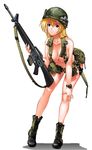  america assault_rifle belt blonde_hair blue_eyes boots bottle breasts byeontae_jagga canteen cigarette_box cleavage collarbone combat_boots combat_knife flashlight full_body gun hand_on_own_knee helmet knife large_breasts leaning_forward long_hair looking_at_viewer m16a1 magazine_(weapon) naked_belt navel nipples no_bra nude original parted_lips pouch rifle rubber_band shadow sheath sheathed simple_background sling smile solo standing strap tactical_clothes us_army vietnam watch weapon white_background wristwatch 