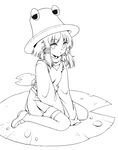  fuuka_(fukasheu) greyscale hat highres lily_pad lineart looking_at_viewer monochrome moriya_suwako sitting solo touhou wariza 