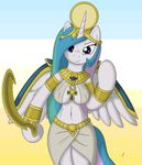  anthro anthrofied breasts clothing egyptian equine female friendship_is_magic hair horn horse jewelry long_hair looking_at_viewer mammal my_little_pony princess princess_celestia_(mlp) royalty solo sword tg-0 weapon winged_unicorn wings 