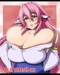  1girl breasts cow_girl gigantic_breasts green_eyes highres horns kuhdelka_charolais pink_hair solo 