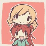  akisaka_yamoka aoki_ume_(style) blonde_hair casual chibi chin_on_head chin_rest drill_hair fang hood hoodie long_hair lossy-lossless mahou_shoujo_madoka_magica multiple_girls open_mouth parody ponytail red_eyes red_hair sakura_kyouko smile style_parody tomoe_mami yellow_eyes ||_|| 