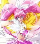  blue_eyes bow crescendo_cure_melody cure_melody dress eyelashes hairband houjou_hibiki long_hair magical_girl midriff namizou pink_bow pink_hair precure serious solo suite_precure twintails wings yellow_wings 