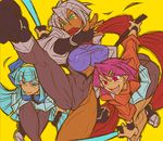  asymmetrical_clothes asymmetrical_legwear bike_shorts blue_eyes blue_hair bodysuit breasts dark_skin green_eyes hair_ornament hairband hairclip hattori_hanzo_uruka hina_(yatagarasu) jacket katana large_breasts long_hair multiple_girls ninja pantyhose pink_eyes pink_hair scabbard scarf sheath shimo_(yatagarasu) short_hair shorts shorts_under_skirt siblings silver_hair sisters skirt sleeves_rolled_up sword track_jacket weapon yatagarasu_(game) yoshitsuki 