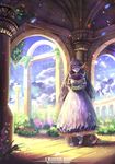  absurdres against_wall arm_cuffs barefoot brown_hair cloud d-ka-satellite day dress english fairy flower head_fins highres jewelry long_hair necklace original personification plate pot purple_eyes scenery sky smile solo 