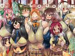  6+girls 9girls bandage black_hair blonde_hair blonder_hair blush breasts brown_eyes brown_hair cardigan chikurako_kanoeki female gigantic_breasts glasses green_eyes green_hair huge_breasts matsuri_(teriyaki) muchigaku multiple_girls necktie orange_hair pink_hair pleated_skirt purple_eyes purple_hair red_eyes sakazaki_freddy school_uniform skirt sweat sweating tie unknown_character_1_(nekomamire) white_hair 